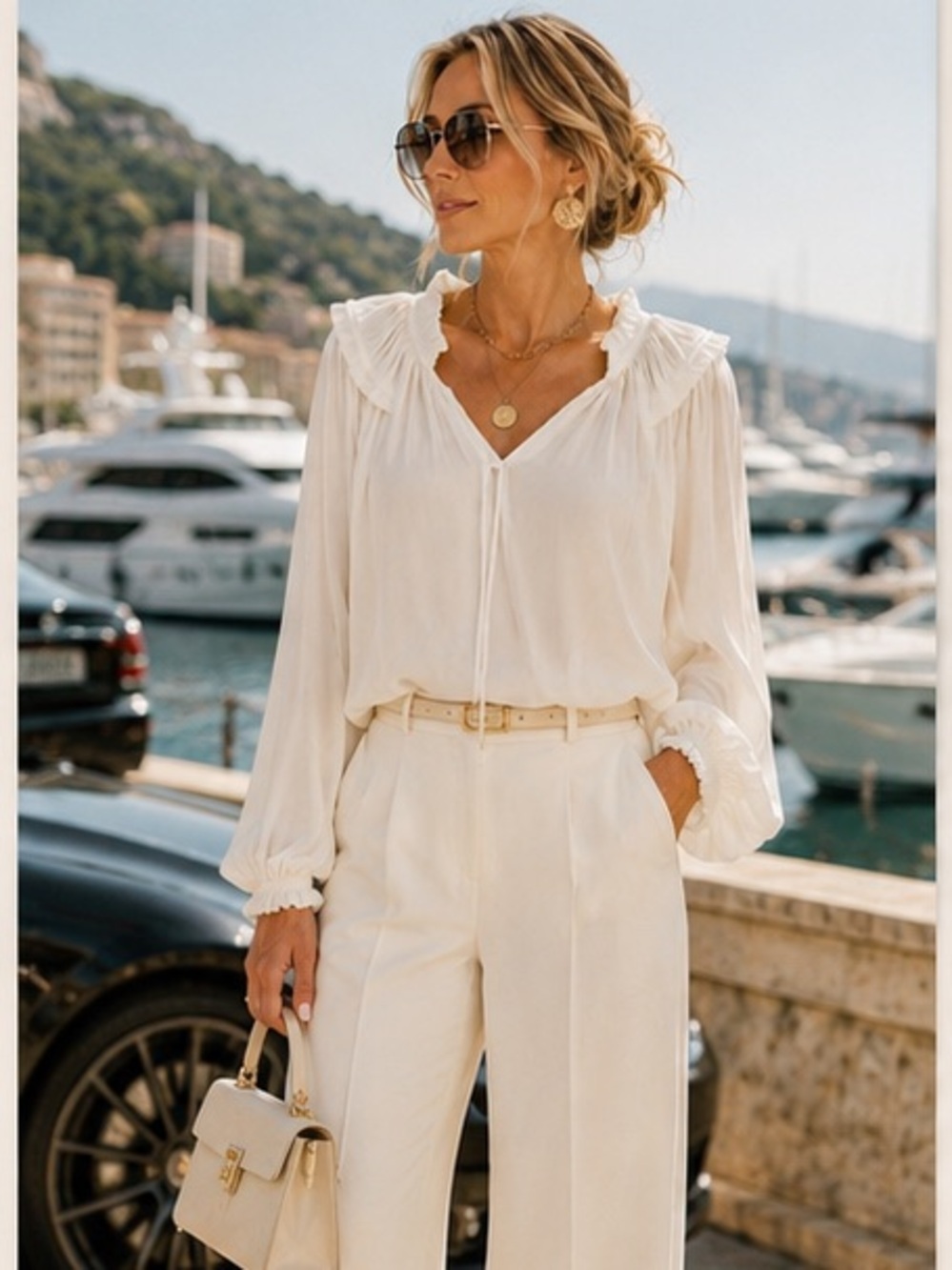Philosophy White Ruffle Tie Neck Blouse XL | Romantic Quiet Luxury Top